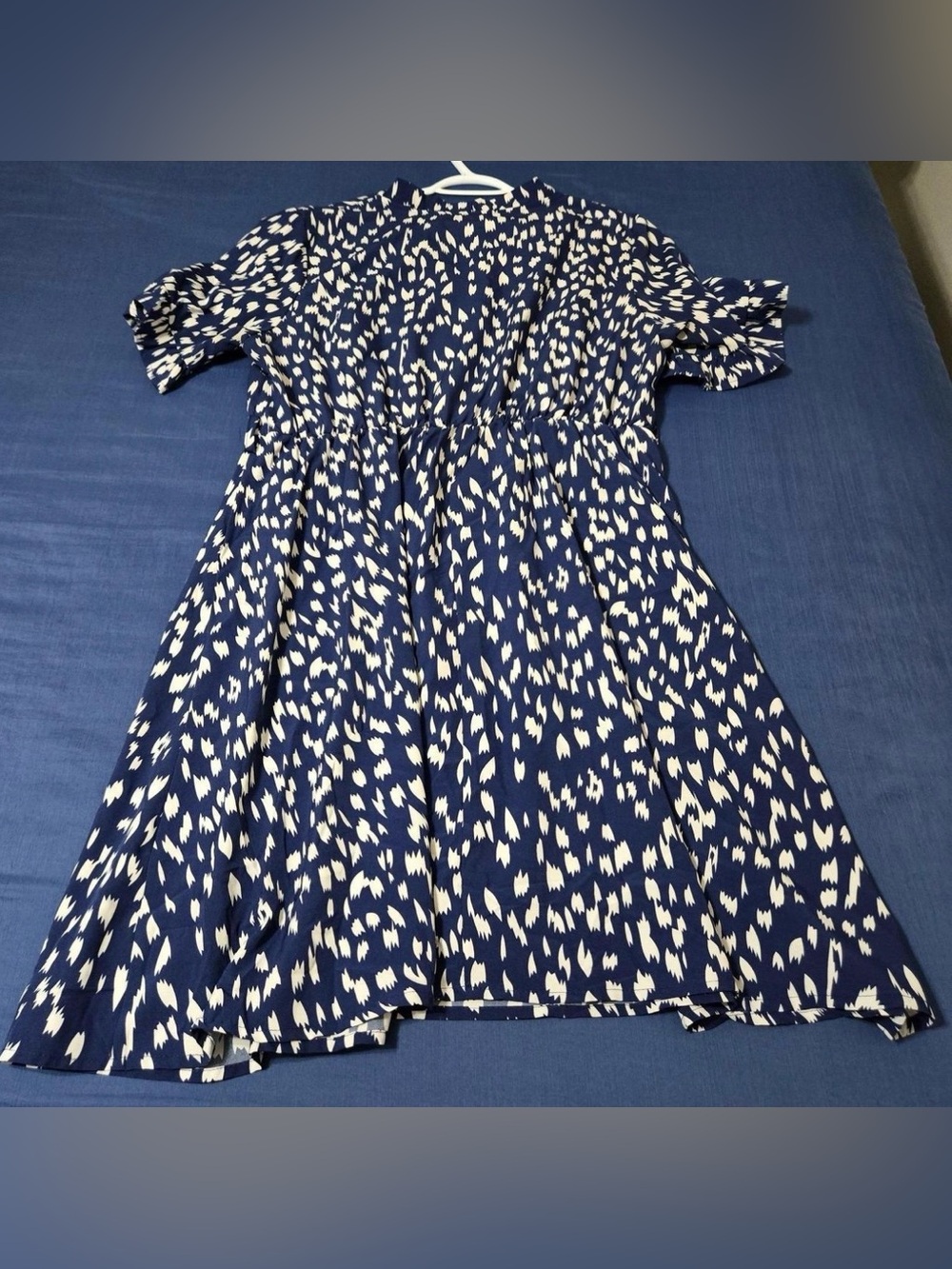 Navy and White Printed Midi Dress with Gathered Waist